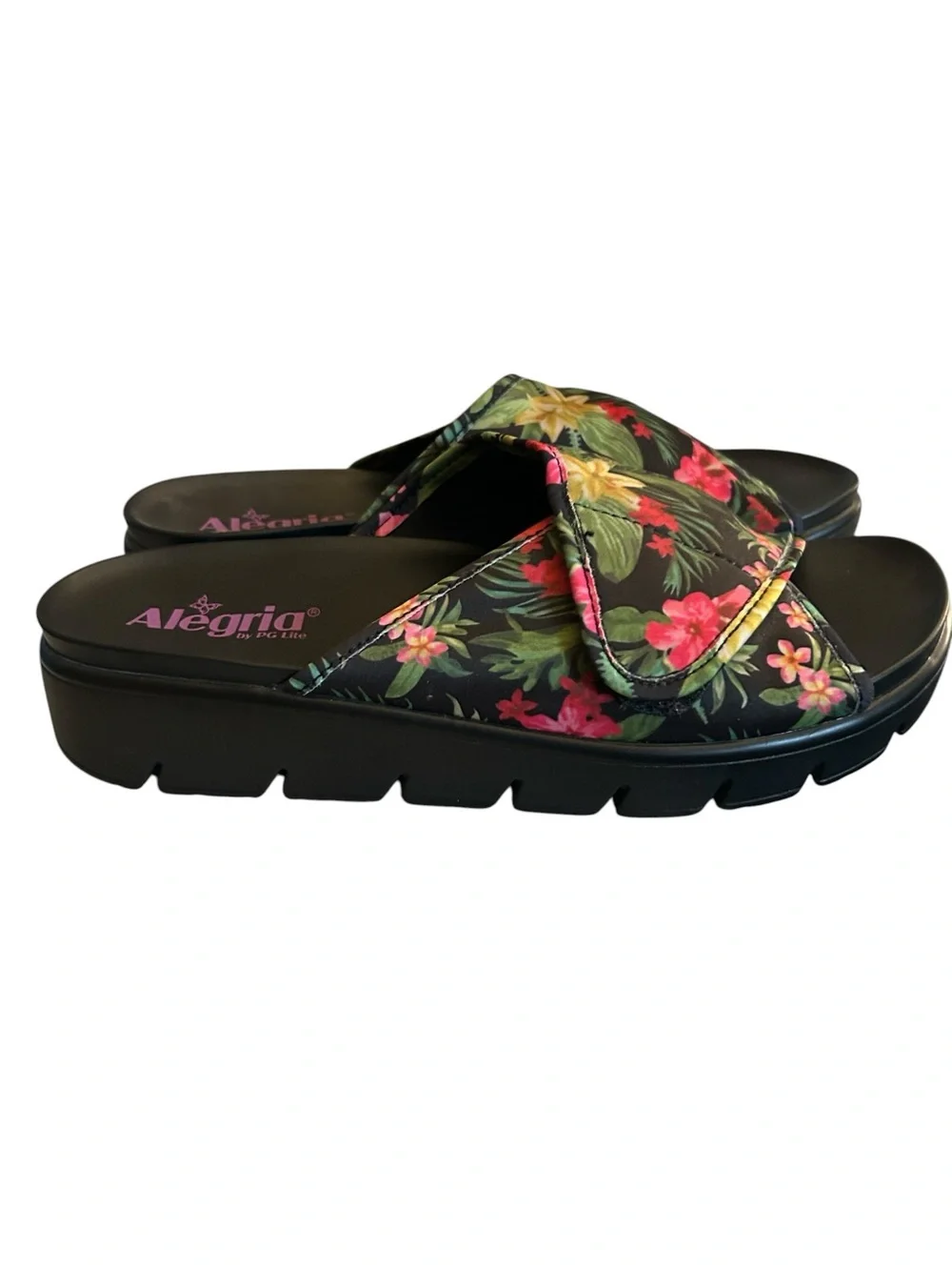 Alegria Airie Black Tropical Floral Sandals Adjustable Slides Size 40 EU